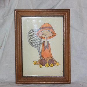 Vintage Framed Drawing Girl with Tennis Racket